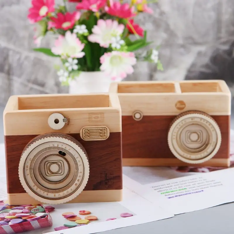 Creative Camera Pattern Wooden Pen Pencil Case Holder Stand Desktop Sundries Storage Box Multi Purpose Use #524