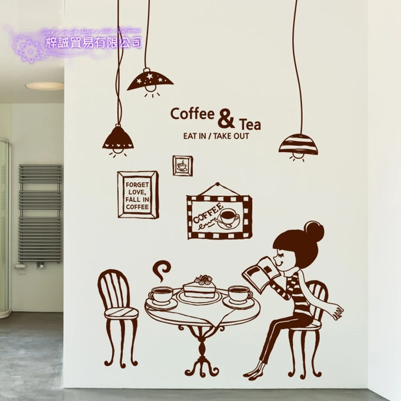 Coffee Sticker Girl Light Decal Cafe Poster Vinyl Art Wall Decals Pegatina Quadro Parede Decor Mural Coffee Sticker