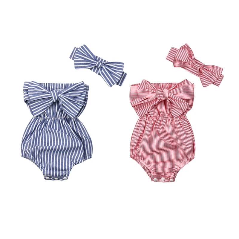 Newborn Baby Girl Bow Striped Bodysuit Jumpsuit Headband 2Pcs Toddler Kids Summer Outfit Rompers Playsuit Cotton Holiday Sunsuit