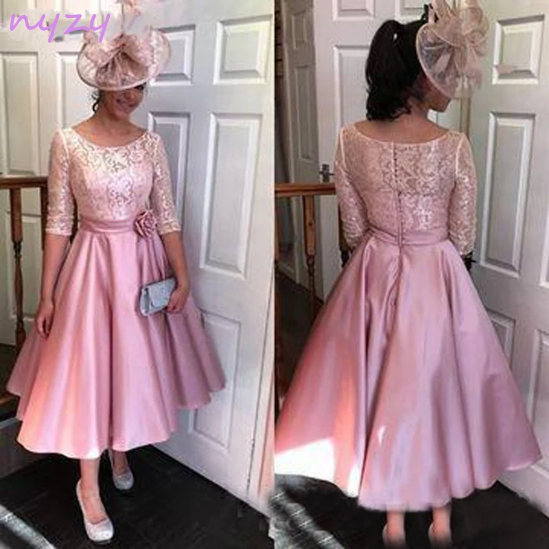 

NYZY M17 Elegant 2019 Formal Dress Robe de Soiree Courte Pink Satin Tea Length Lace Half Sleeves Dress Cocktail Party