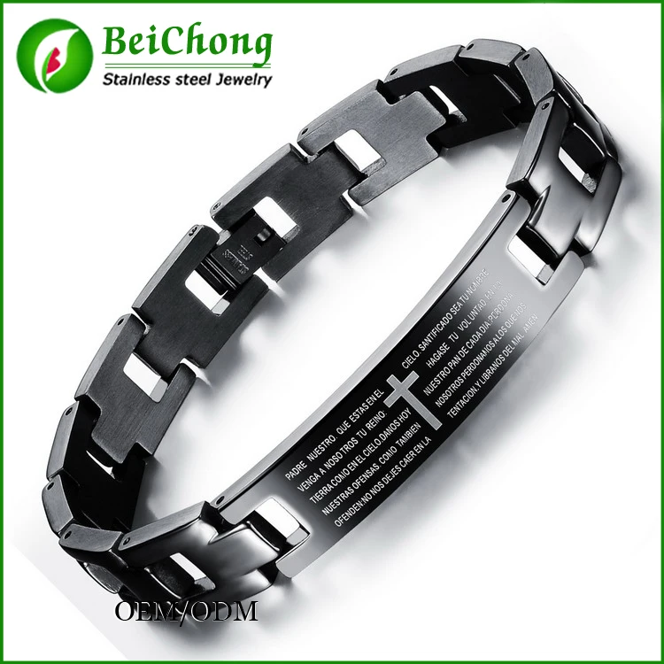 Classic Line Bracelet For Men Black Stainless Steel Spanish Lord's Prayer Bible Cross Bracelet Bangle Wristband pulseira homens