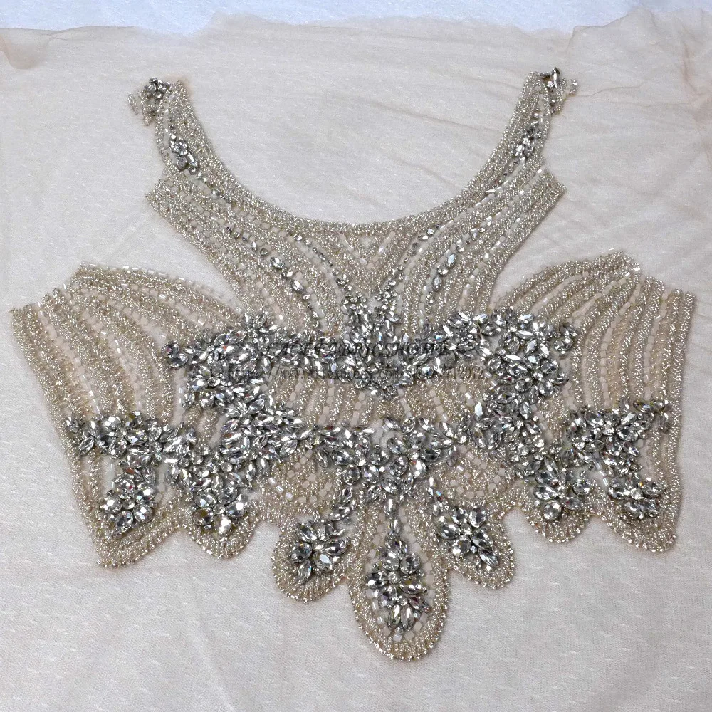 La Belleza Silver on nuder mesh Super hevery handmade rhinestones beads patch wedding dress accesories 3 piece one set