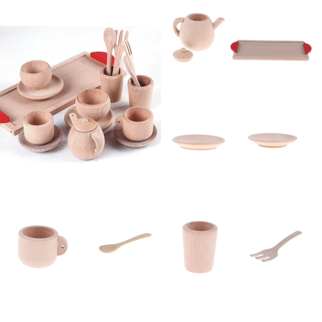 Wooden Tea Set - Tea Pot Tea Cup Teatime Party Play Toy Dollhouse Miniature Kitchen Tableware Accessories Kids Toys