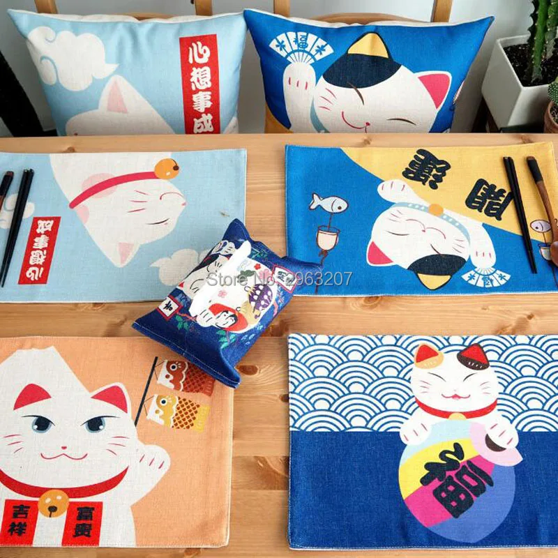 Japan Style Lucky Cat Western Placemats Thick Cotton Linen Anti-slip Table Mats Tea Cup Insulation Coasters Bowl Pads