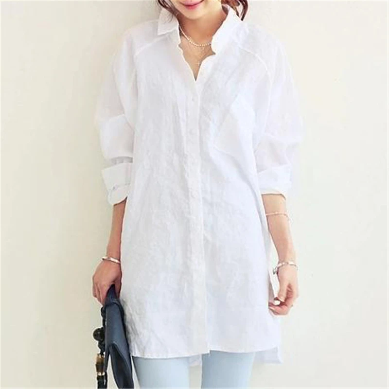 Women Loose Blouse Shirts Blusas Shirt Women's  Spring Summer Long Turning Sleeve Tops and Blouses Casual Linen Plus Blue Beach