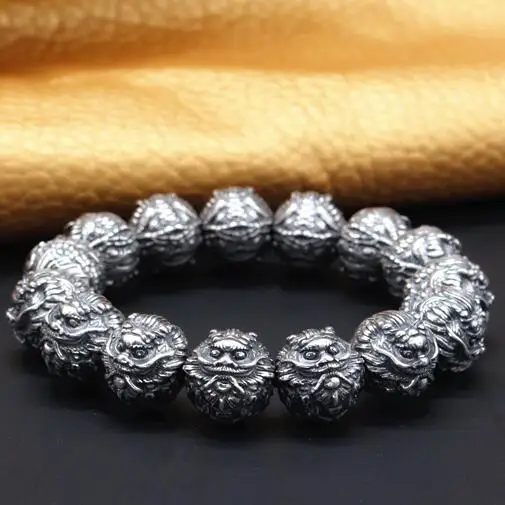 Handmade 100% 990 Silver Fengshui Power Dragon Beads Bracelet Pure Silver Good Luck Dragon Bracelet Tibetan Wrist Mala Bracelet