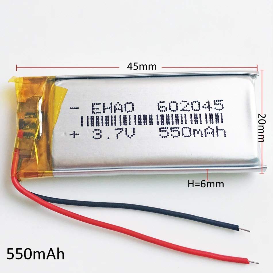 3.7V 550mAh Polymer Lithium Lipo Rechargeable Battery 602045 For MP3 GPS DVD Bluetooth Recorder Headset Camera Smart Watch