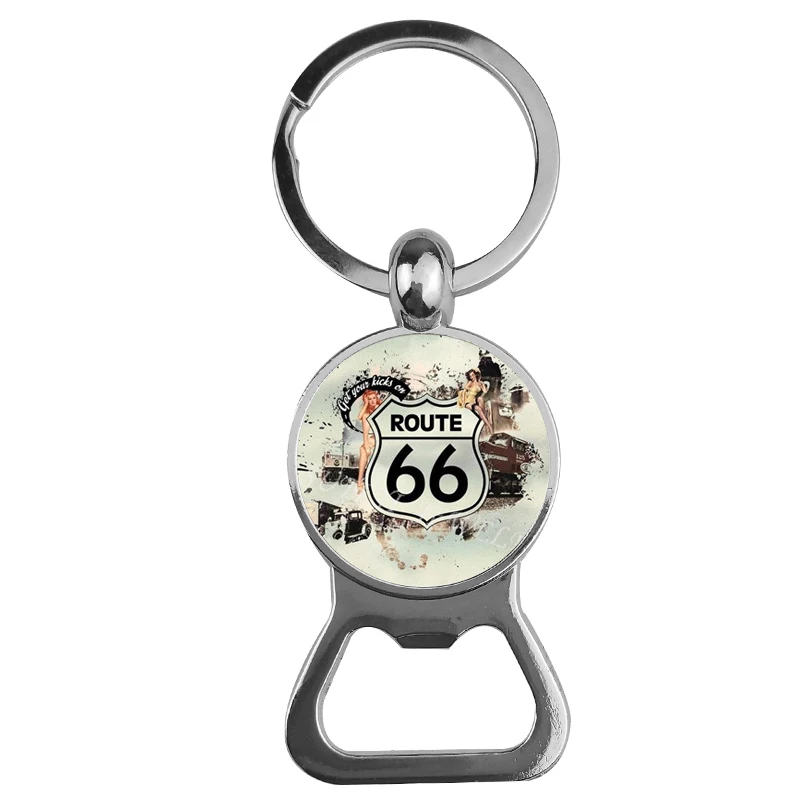 Klassischer Schlüsselanhänger mit Flaschenöffner aus Glas im Stil der US Highway Route 66, Motorrad-Schlüsselanhänger für Herren, Schmuck – Detail 1