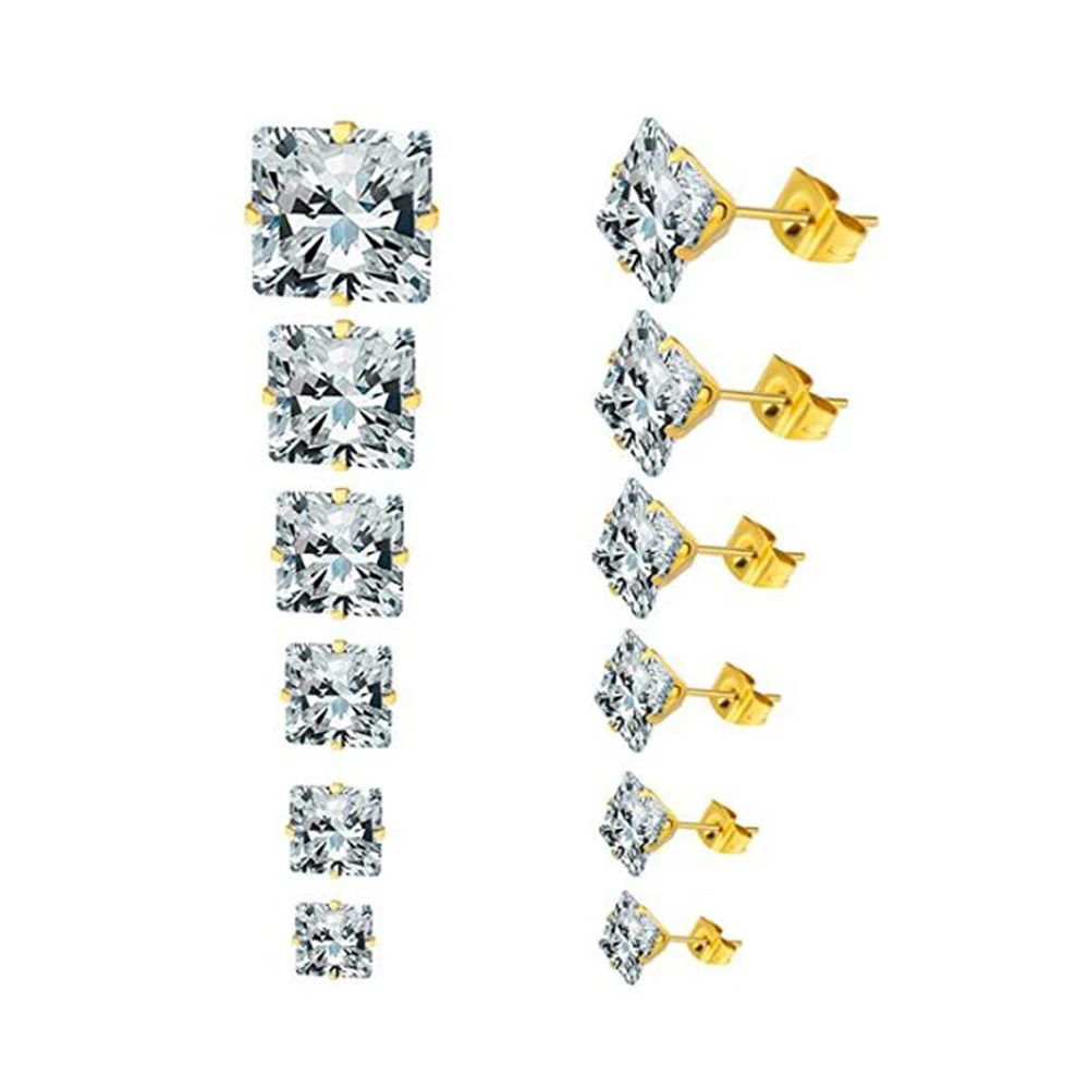 1 pair 3mm-8mm New Fashion Wholesale Square Zircon Crystal Stud Earrings For Women Wedding Cheap Jewelry Brincos Accessories