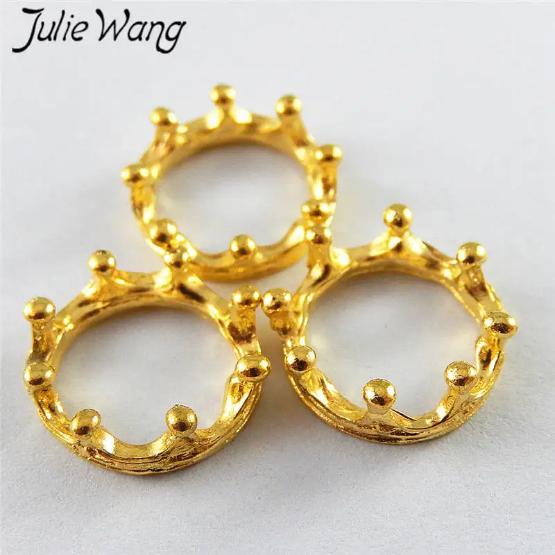 Julie Wang 10PCS Gold Color Crown Ring Circular Charms For Necklace Pendants Findings Jewelry Making Accessory Suspension