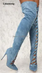 New Fashion Women Pointed Toe Blue White Denim Over Knee Gladiator Boots Lace-up Cut-out Thin Heel Long High Heel Boots Club