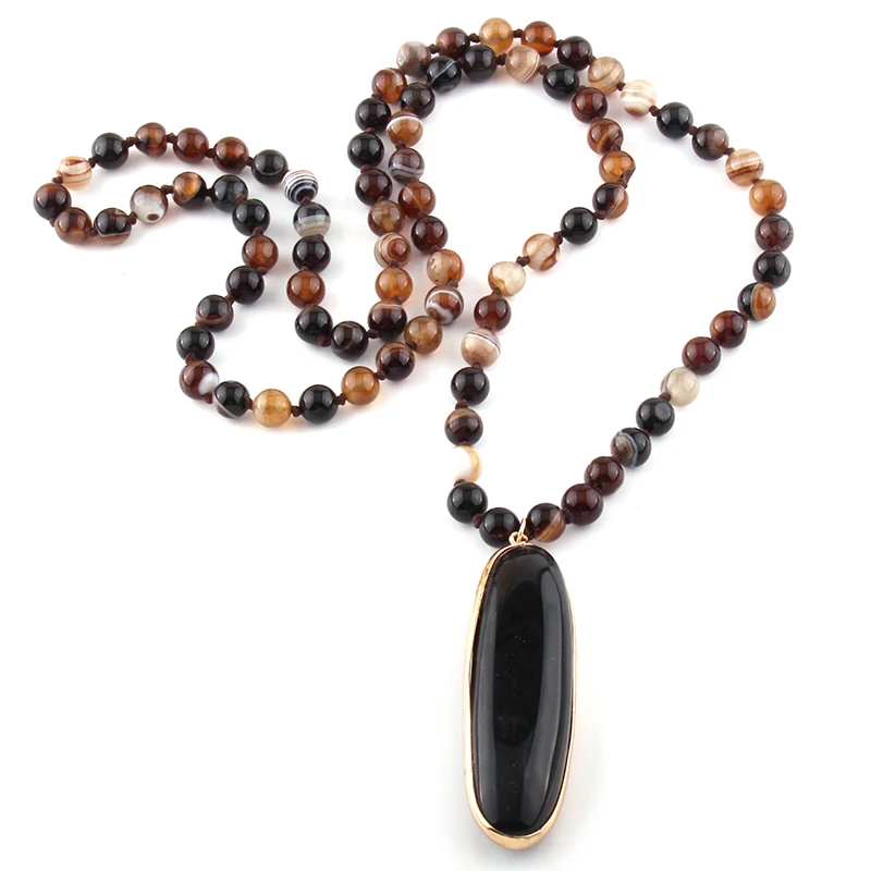 Fashion Bohemian Jewelry Gray/Brown Agat Stones Knotted Drop Stone Pendant Necklaces For Women Ethnic Necklace