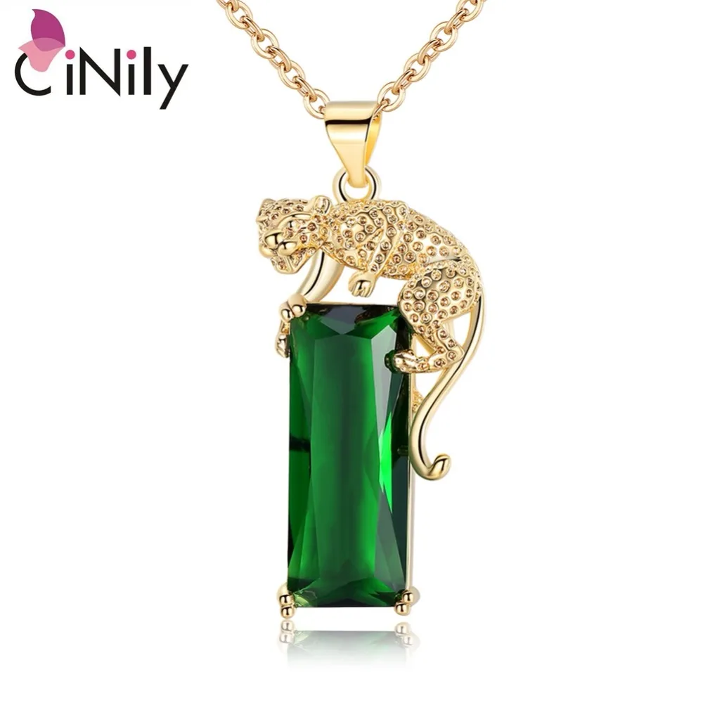 CiNily Created Green Stone Yellow Gold Color Wholesale Leopard for Women Jewelry Party Gift Necklace Pendant NL108