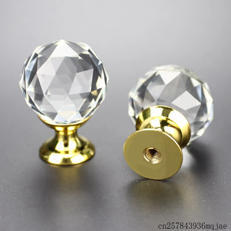 136 pcs Crystal Ball Drawer Knob Pull Handles 30mm Gold Base Clear Round Cut Crystal Handle