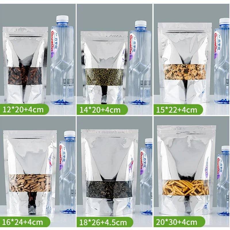 500Pcs/Lot Silver Clear Stand Up Aluminum Foil Bags Resealable Heat Seal Plastic Window Bag, Food Storage Packing Pouch