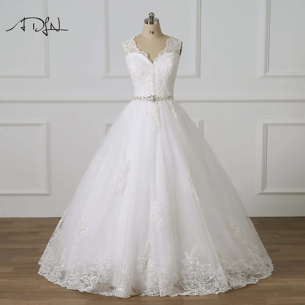 ADLN V-neck Ball Gown Lace Wedding Dresses Sweep Train Delicate Beaded Belt Vestidos de Novia Plus Size Bridal Gowns for Women