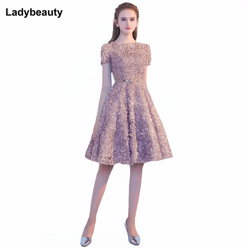 Customized New Arrival Short Evening Dress Elegant Banquet Short sleeve Prom Party Dress O-Neck Lace  Formal Evening Gowns