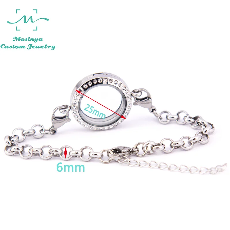 10pcs 316L not 304 czech crystal inlay magnetic stainless steel floating charm living glass locket bracelet 8inch plus extension