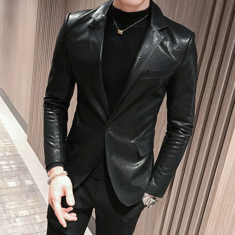 

2019 Autumn Designer Leather Blazers Mens Black Leather Jackets Club Mens Stage Wear Fashion Men Blazer Slim Fit Elegant Quality