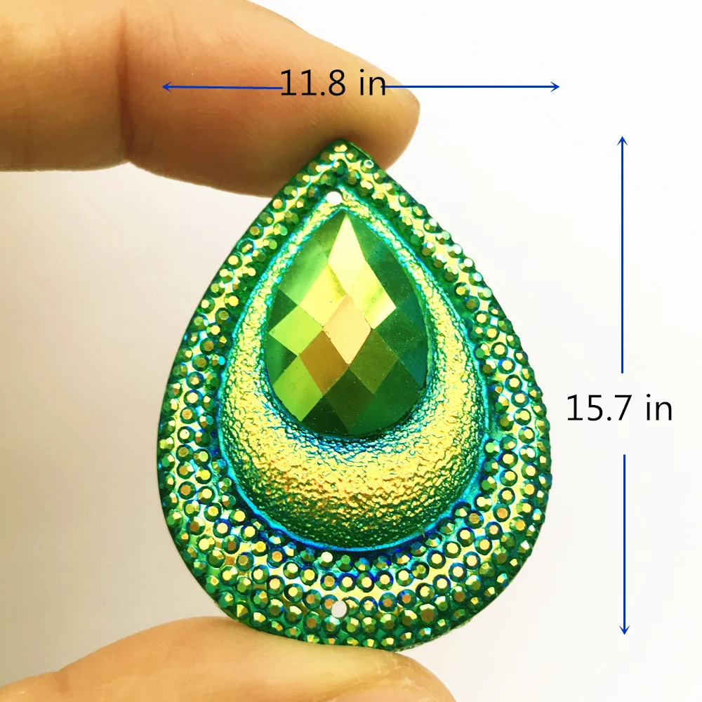 Resina 30x40mm Sparkly Drop Green AB cucire accessori strass Flatback cucito per cucire costumi decorazione abito da sposa