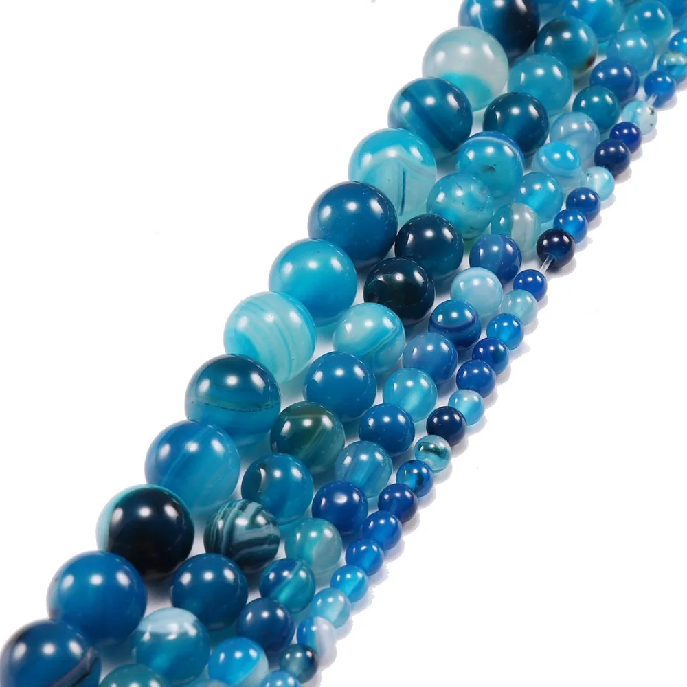 1strand/lot 4 6 8 10 12 mm Loose Beads Natural Blue Striped Agates Natural Stone Round Spacer Beads For DIY Jewelry Making Gift