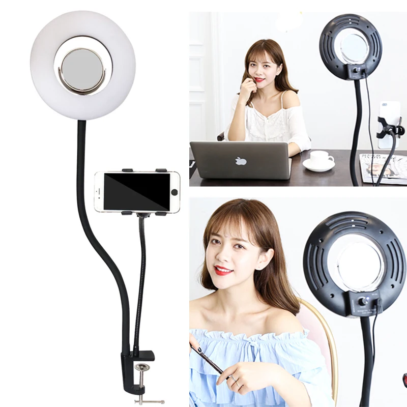 

8'' 24W 5500K 120PCS Selfie Ring Light Dimmable LED Lazy Bracket Tabletop Cell Phone Holder Clip For Iphone HTC HUAWEI