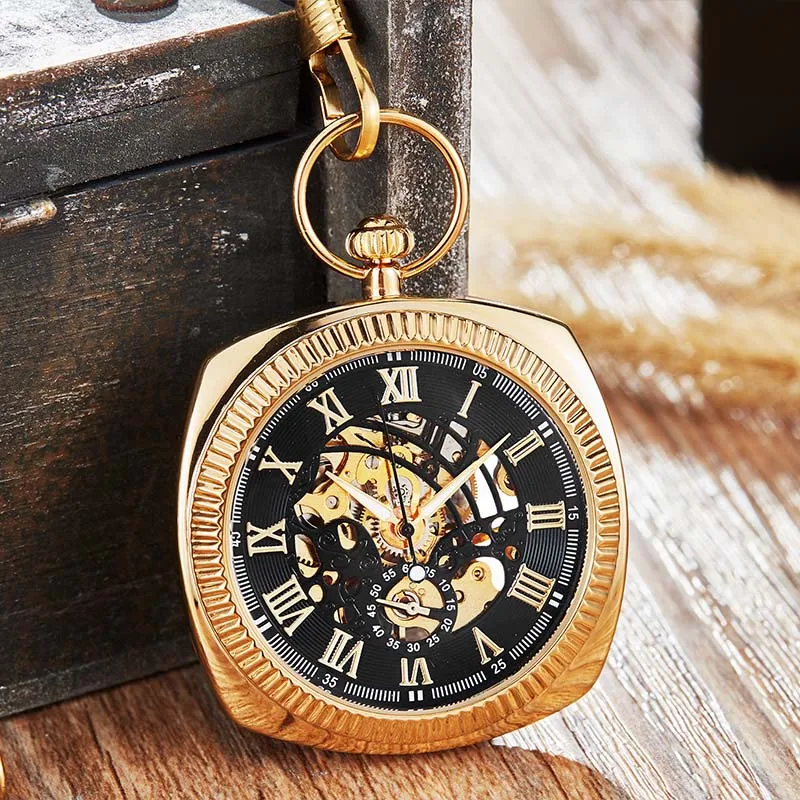 Antique Black Mechanical Pocket Watch Men Women Roman Numerals Dial Clock Luxury Golden Skeleton FOB Chain Watches Drop Ship