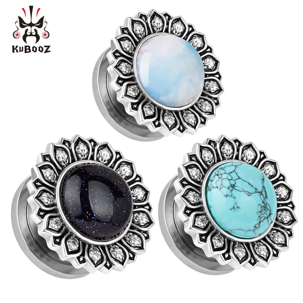 KUBOOZ Fashion Stainless Steel Buddhism Stone Ear Piercing Tunnel Gauges Body Jewelry Earring Expander Stretchers Plugs 2PCS