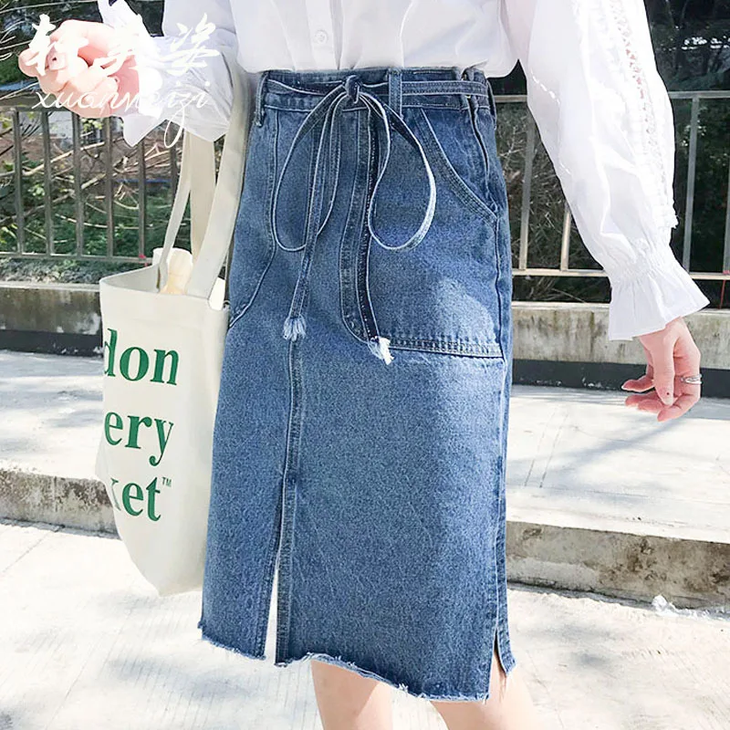 New Korean Bow Sash Jeans Skirt Women Office Lady Elegant Side Split High Waist A-Line Skirt Knee-Length Female Denim Skirt D12