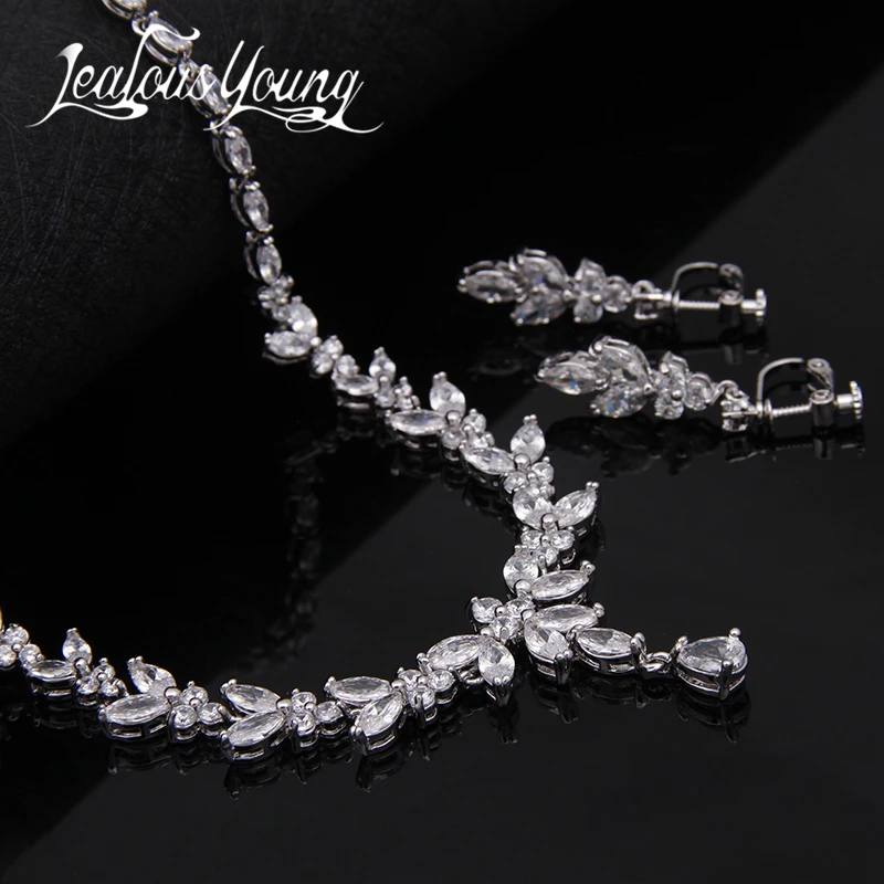 

Leaves Design Necklace With Earrings Set Marquise Cut Cubic Zircon Jewelry Sets Best For Wedding Dress Parure Bijoux Femme AS083