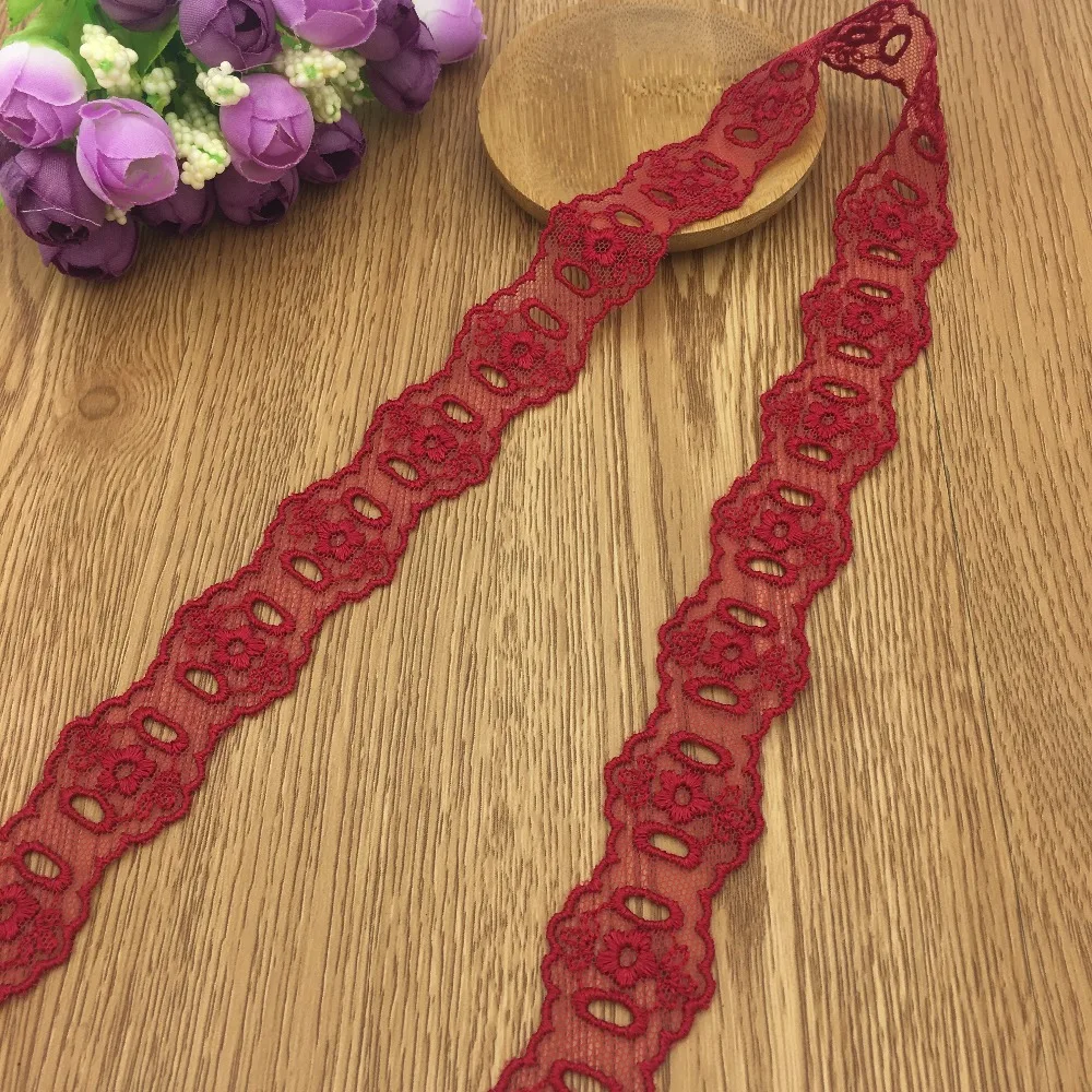 Hollow Embroidered Tulle Lace Trim, Mesh Ribbon, Double Edge, Dark Red, 2.5cm Width