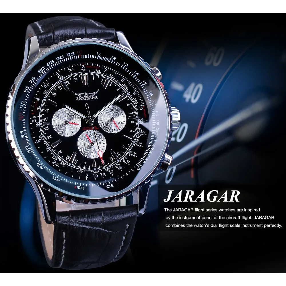 Imagem -03 - Jaragar-relógio de Pulso Mecânico Masculino Relógio de Pulso com Pulseira de Couro Genuíno Preto Moda Militar Marca de Luxo