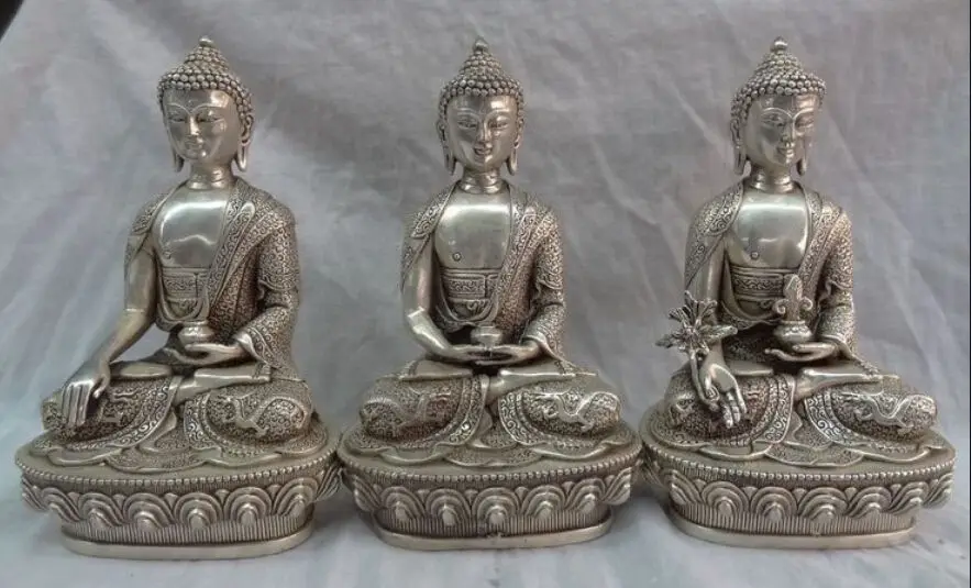 

20.3 cm */Tibet Silver Dragon Buddhinsm 3 Shakyamuni Buddha Set Medicine buddha Statue decoration metal handicraft