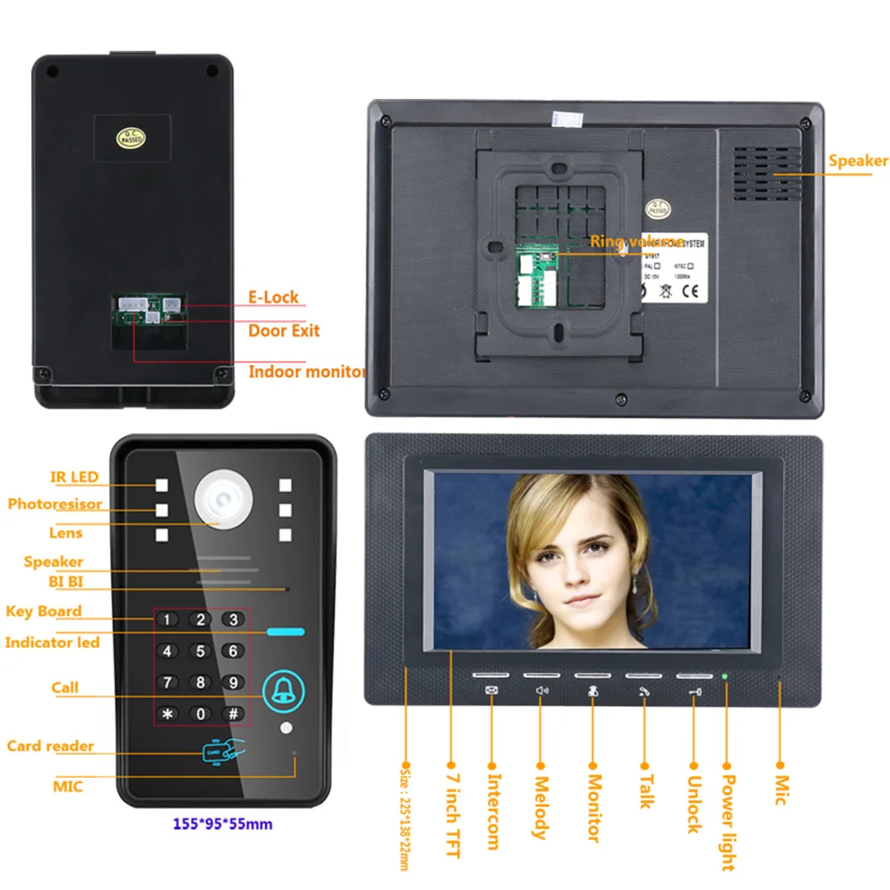 7 inch 2 Monitor RFID Password Video Pintu Telepon Interkom Bel Dengan IR Camera 1000 TV Garis Kontrol Akses Sistem