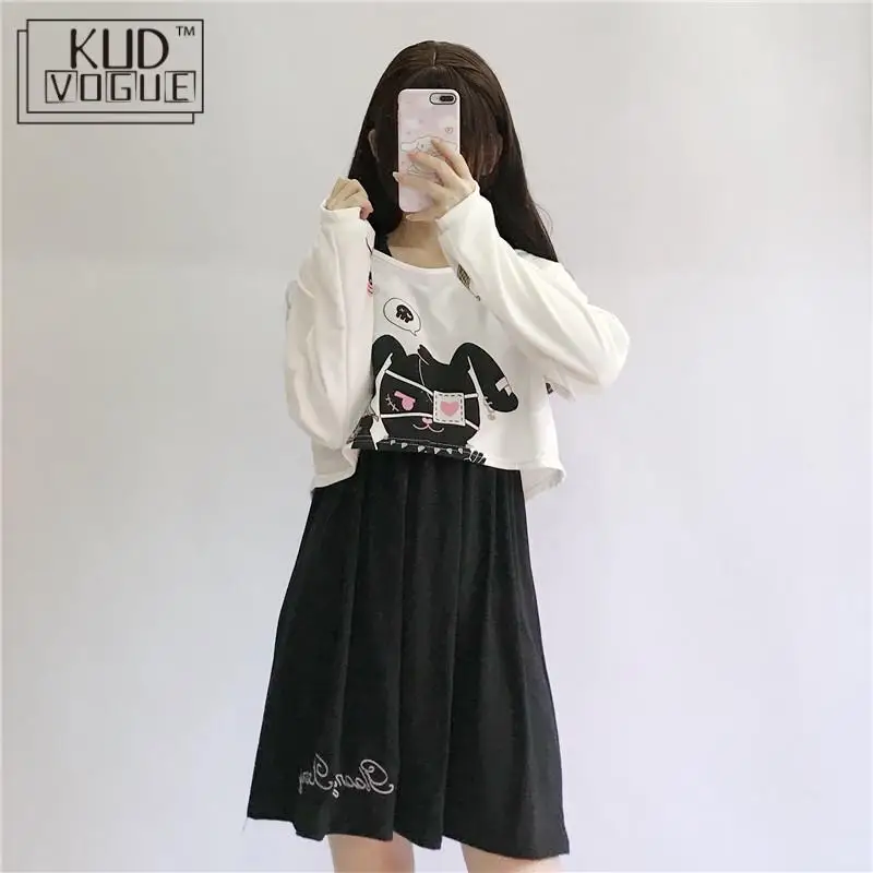 Vestido Lolita de conejo de cómic negro para adolescentes japoneses, traje de 2 piezas, vestido de algodón dulce, conjunto de manga larga con