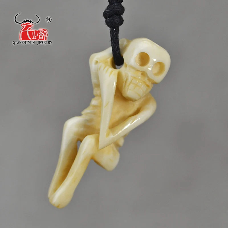 GX118 Handmade Carved Yak Bone skeleton Pendant Tibetan tribal ornaments Vintage yellow skull necklace for men