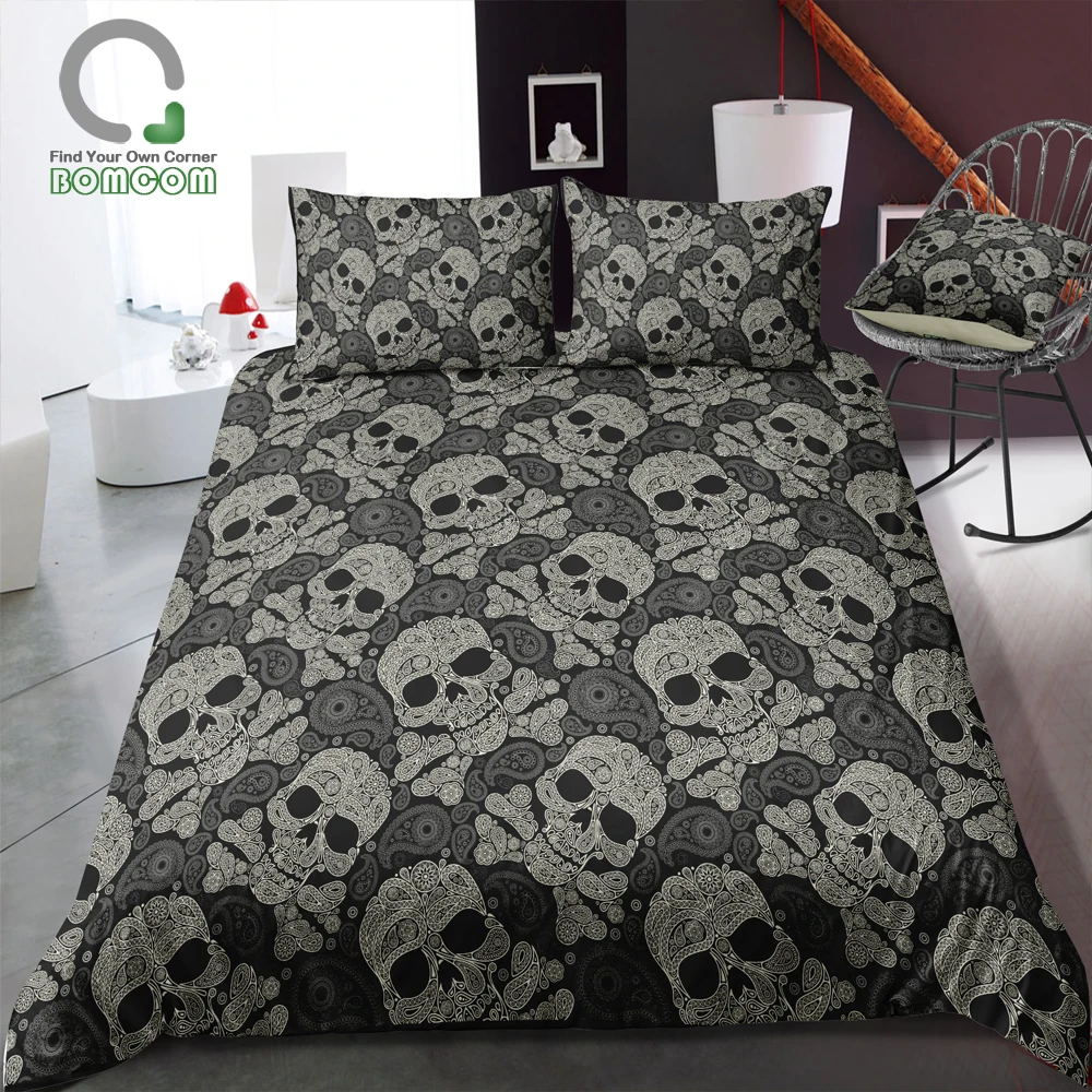 BOMCOM 3D Digital Printing Duvet Cover Set Paisley Doodle Floral Skull King Queen Sugar Skull Bedding Set 100% Microfiber