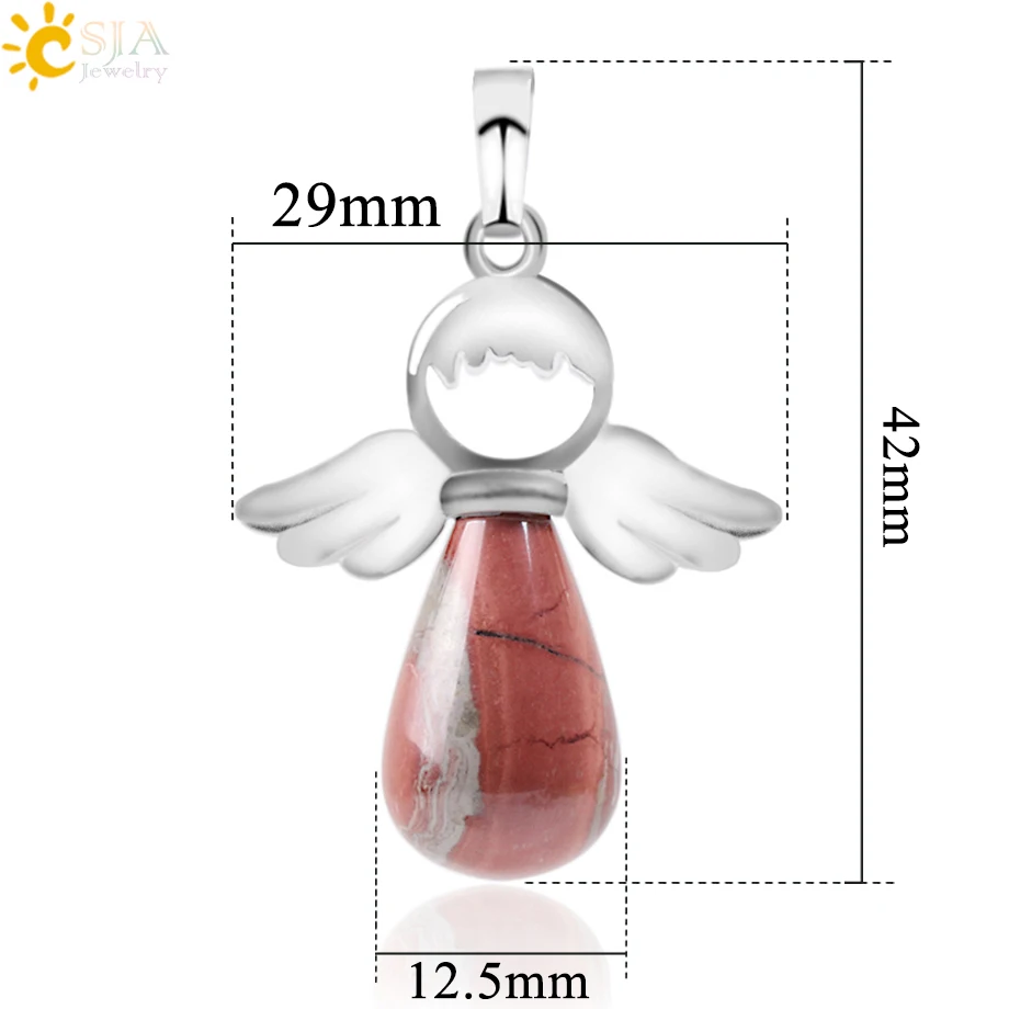 CSJA Natural Gem Stones Angels Pendant for Necklace Pink Quartz Aventurine Pendants Silver-color Water Drop Female Jewelry E949