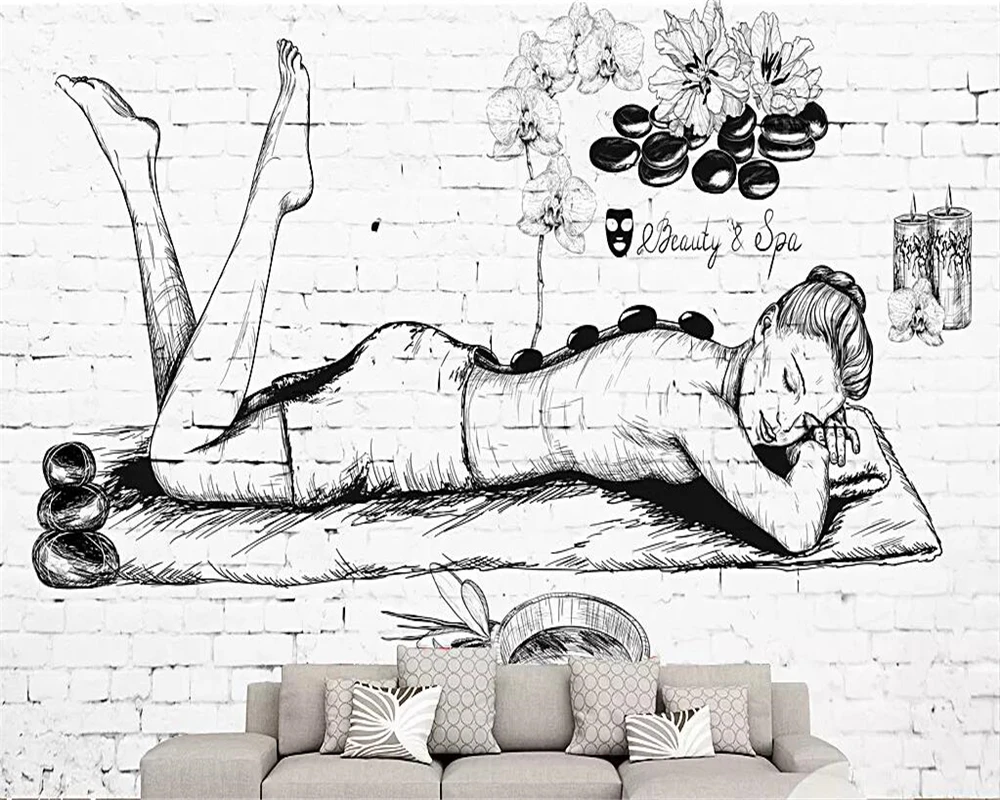 

Custom wallpaper hand-painted beauty salon, fitness club, foot bath massage shop brick wall background murals 3d wallpaper