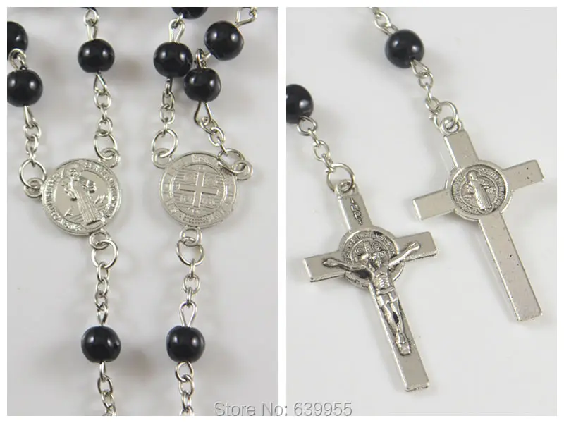 مسبحة من الزجاج الأسود ، مسبحة القديس بنديكت ، قلادة إنري جيسوس الصليب ، أزياء مسيحية كاثوليكية ، مجوهرات دينية ، 6 ميدالية #2