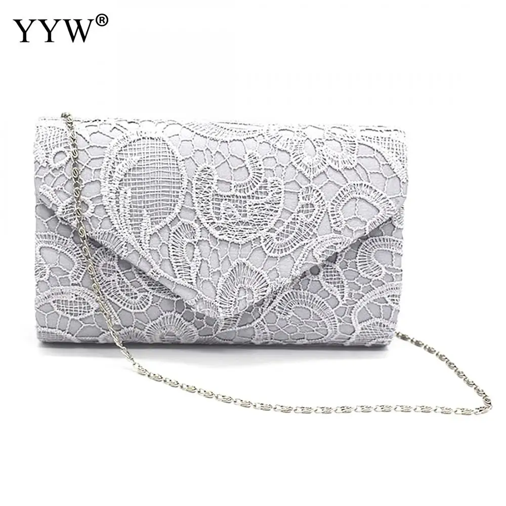 New Elegant Envelope Clutch Fashion Lace Floral Embroidery Evening Party Bag With Chain Shoulder Bag White Luxury Purse Bolsas