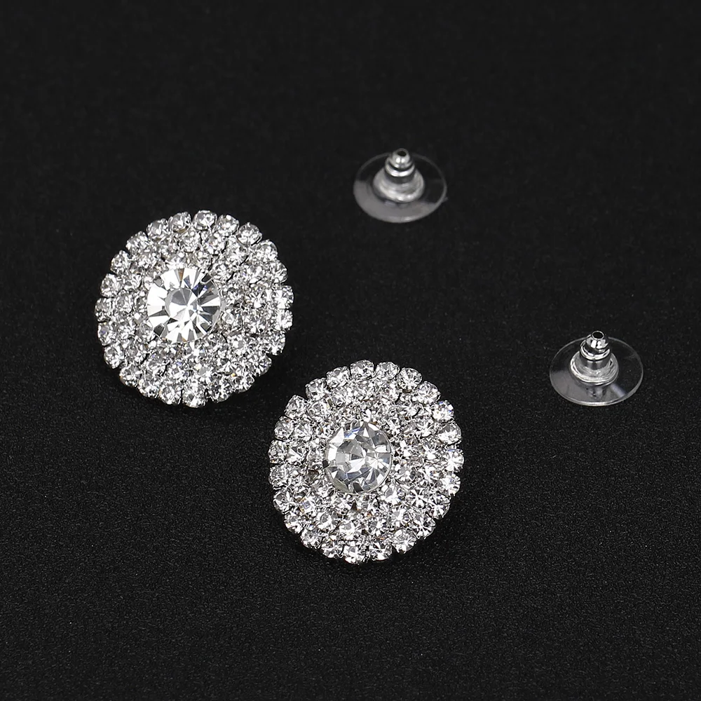 TREAZY Classic Design Rhinestone Round Stud Earrings For Women Fashion Jewelry Silver Color Crystal Statement Wedding Earrings