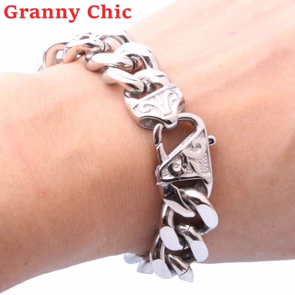 Granny Chic High Quality Jewelry Men Silver Rose Gold Black Color Cuban Link Chain Stainless Steel Bracelet for Bangle Accessory