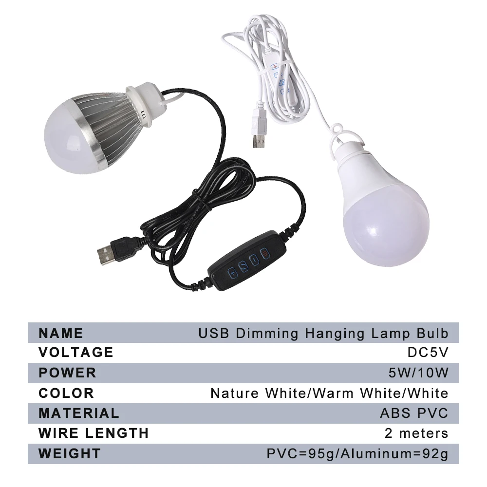 DC5V żarówka LED bezstopniowa ściemniania z ON/OFF przełącznik 10W USB ściemniania lampy wiszące światła awaryjne LED żarówki projekcyjne, Nightwork