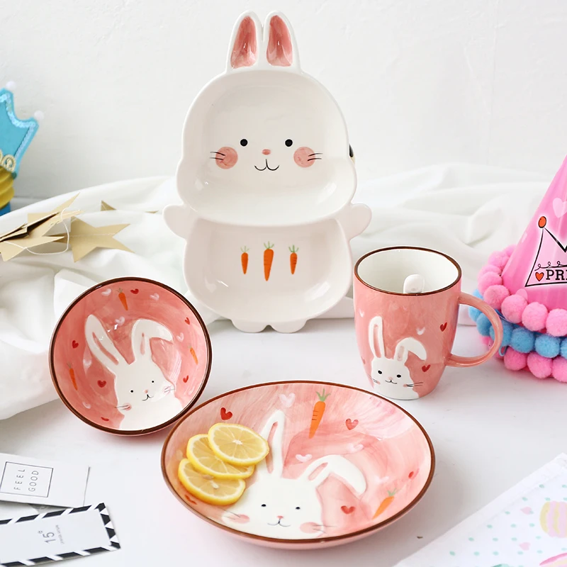 1pc Animal Zoo Dinner Plate Rabbit Bowl Mug Dinnerware Ceramic Porcelain Baby Children Tableware Bear Feeding Dish