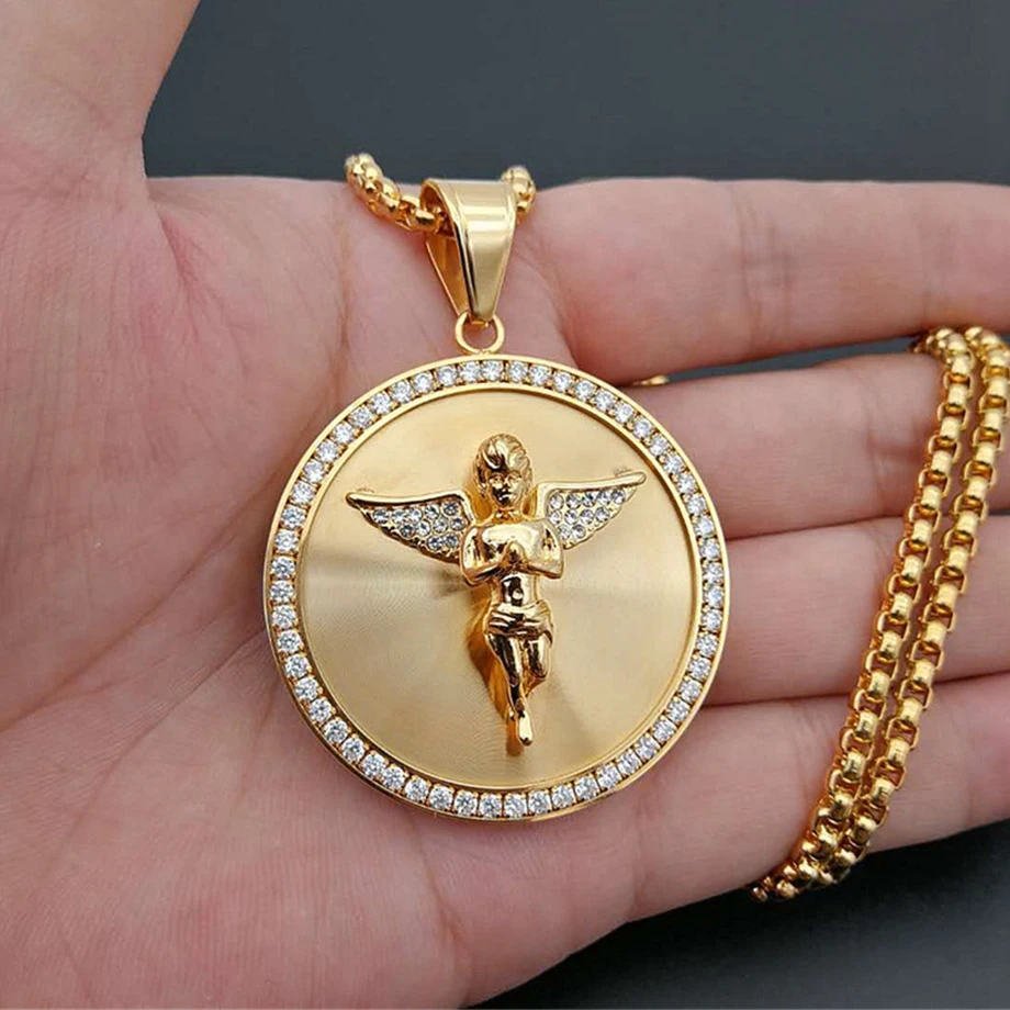Hip Hop Iced Out Angel Wings Wisiorek Naszyjnik Dla Kobiet Mężczyzn Złoty Kolor Okrągły Naszyjnik Ze Stali Nierdzewnej Bling Biżuteria