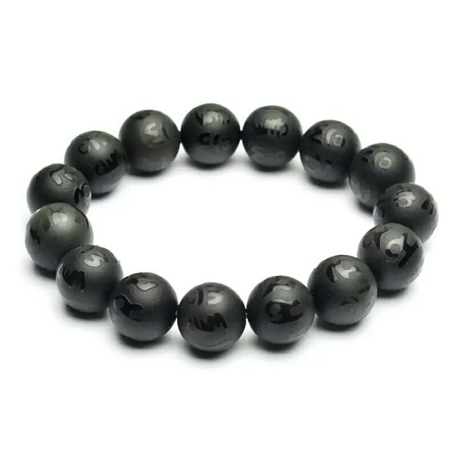 Natural Black Obsidian Six Word Design Bracelet Gemstone Rare Round Beads Woman Men Bracelet 10mm 12mm 14mm 16mm 18mm AAAAAA