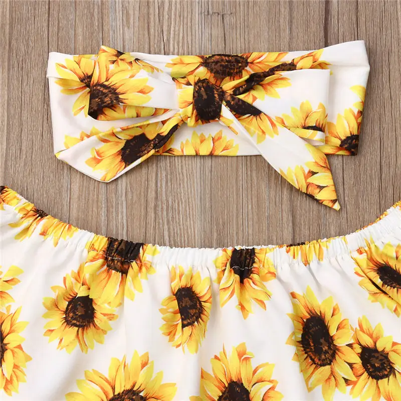 Toddler Kids Baby Girls Clothes Set 3 Piece Off Shoulder Sunflowers Top Ripped Jeans Pants Headband Children Summer Outfits