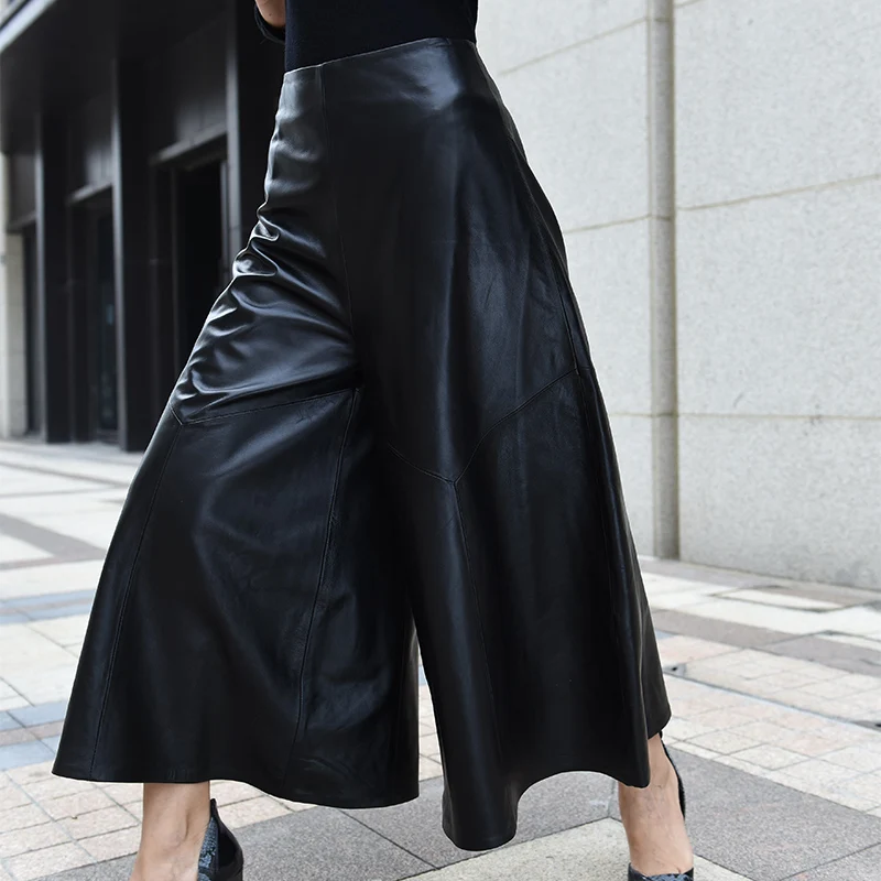 High Quality Luxury Women Ankle-Length Trousers Genuine Leather High Waist Wide Leg Pants Casual Loose Fit Pantalones Mujer