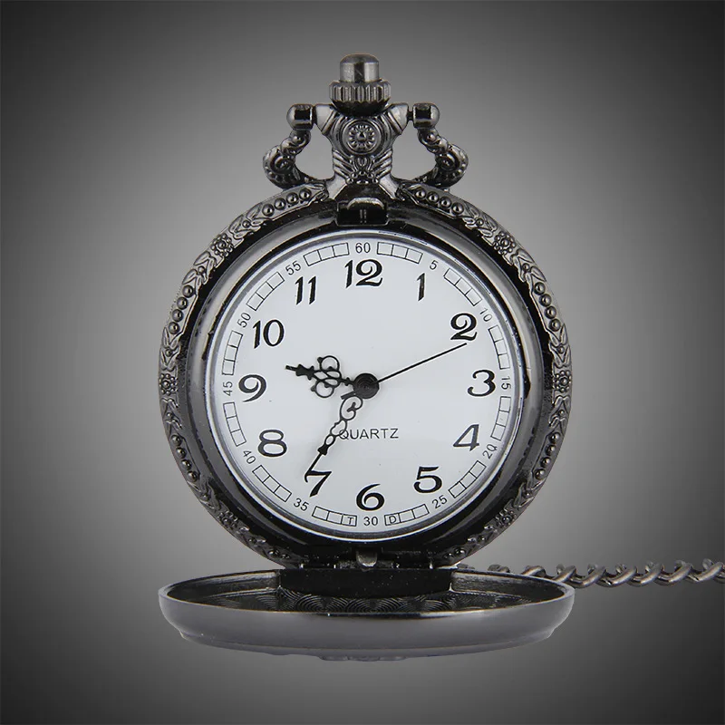 0  Antique Classic Pocket Watch Black Butler Wand Pattern Embossed Case Chain Pendant Clock Tungsten Kids Gift Watches